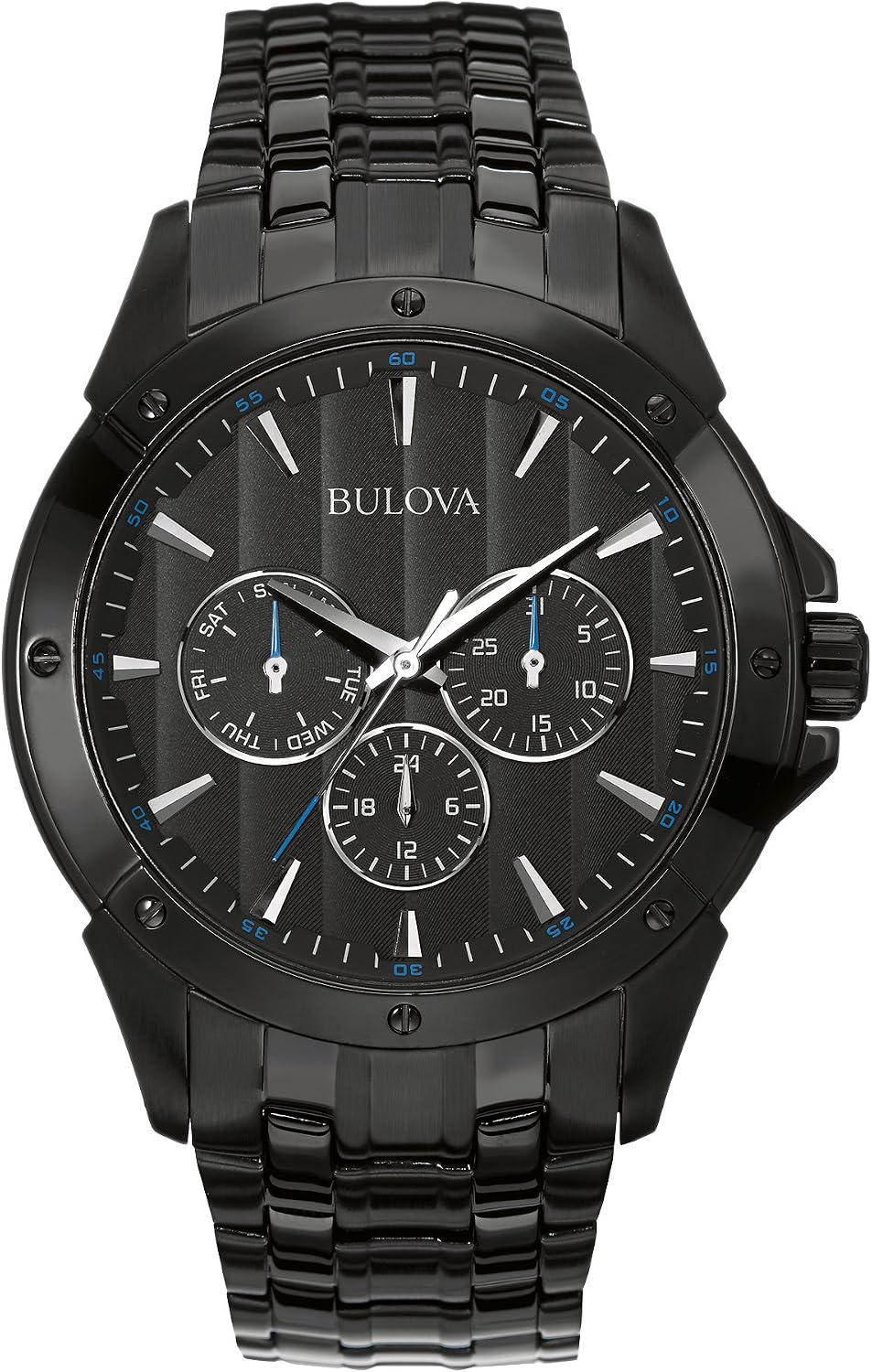 HOTBulova Men's Classic Dress 6-Hand Multi-Function Day/Date Quartz Watch, Black Patterned Dial, 43mm