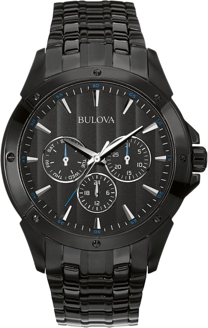 HOTBulova Men's Classic Dress 6-Hand Multi-Function Day/Date Quartz Watch, Black Patterned Dial, 43mm