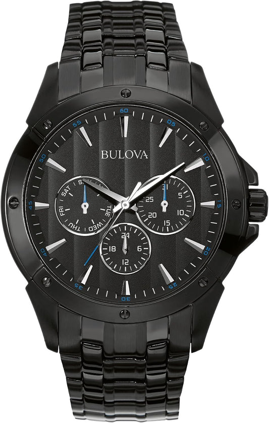 HOTBulova Men's Classic Dress 6-Hand Multi-Function Day/Date Quartz Watch, Black Patterned Dial, 43mm