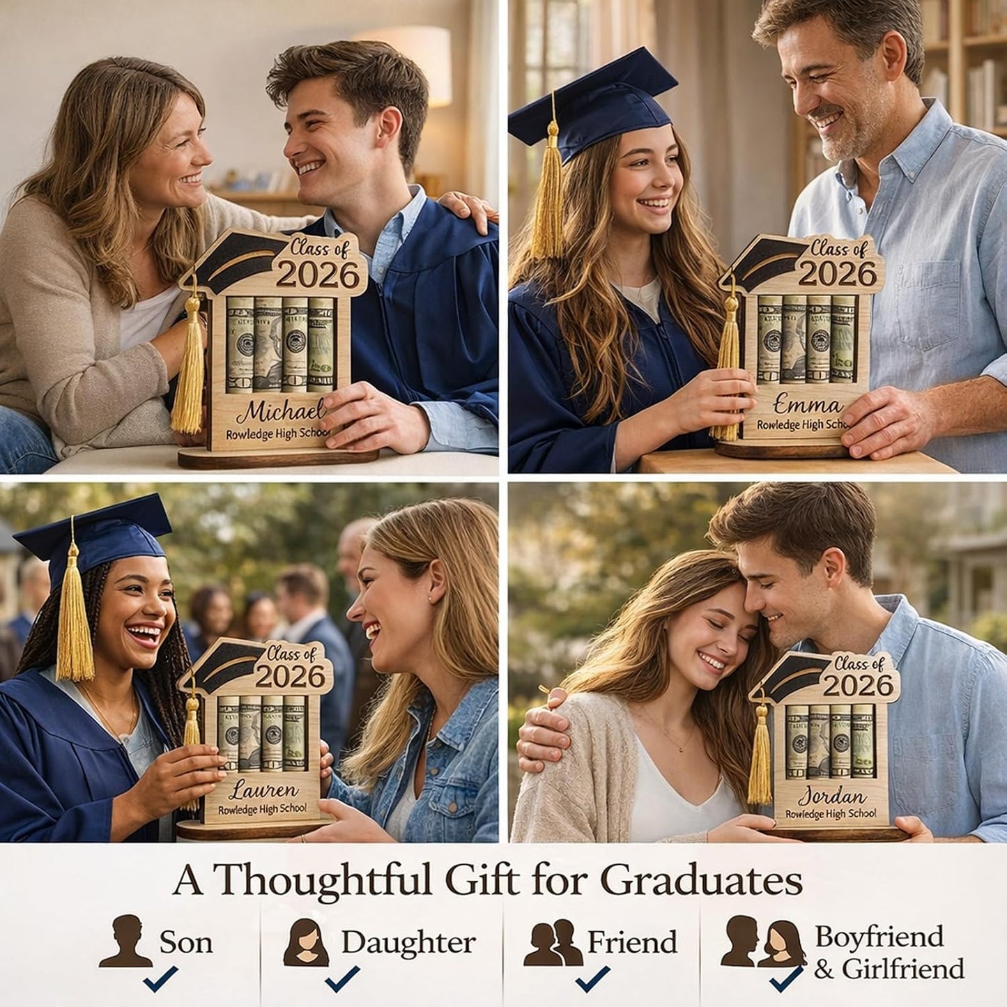 HOTPersonalized Graduation Gifts Class of 2026 Money Holder - Custom Name & School Graduation Money Gift Holder for Him Her, Senior Wooden Cash Display Standing Scroll Holder, Unique Graduate Keepsake