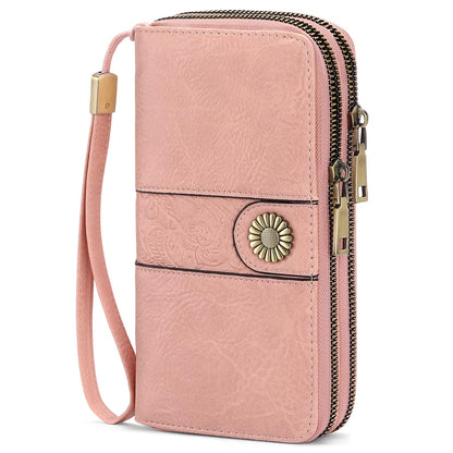 HOTSENDEFN Wallet for Women Leather Double Zipper RFID Blocking Card Holder, Large Capacity Clutch Wallet with Wristlet