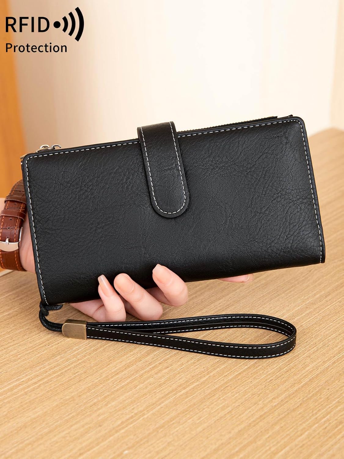 HOTRFID Blocking PU Leather Wallet for Women - Slim Bifold with 16 Card Slots & Zipper Pocket, Compact Designer Purse with Smooth Double Zipper Design