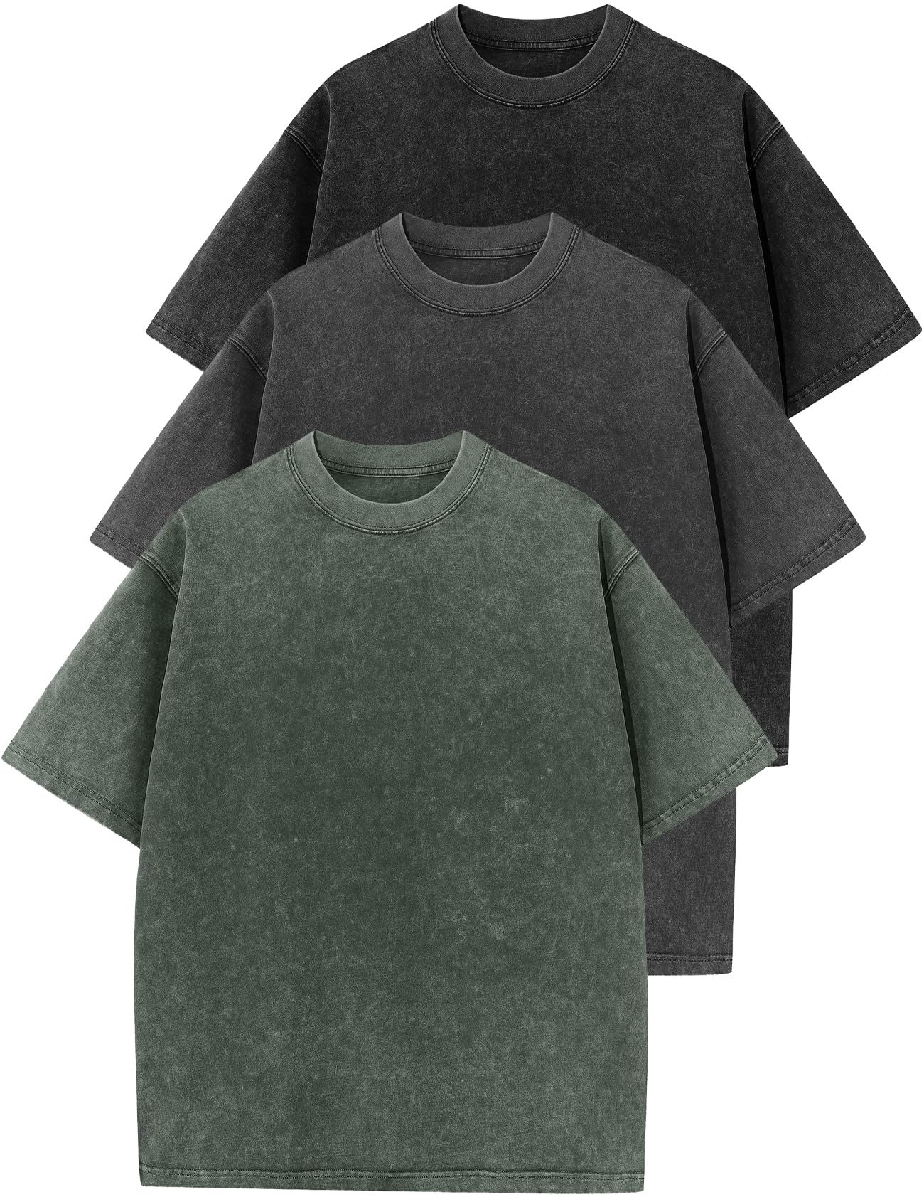 HOTFlygo 3 Pack Men Oversized T Shirts Acid Washed Unisex Tee Loose Fit Short Sleeve Casual Streetwear Baggy Basic Tops