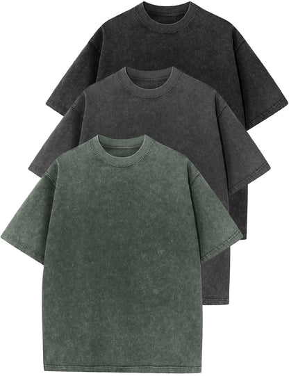 HOTFlygo 3 Pack Men Oversized T Shirts Acid Washed Unisex Tee Loose Fit Short Sleeve Casual Streetwear Baggy Basic Tops