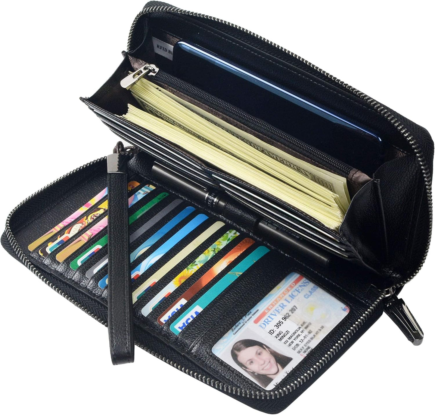 HOTBveyzi Women RFID Blocking Wallet Leather Zip Around Phone Clutch Large Capacity Ladies Travel Purse Wristlet