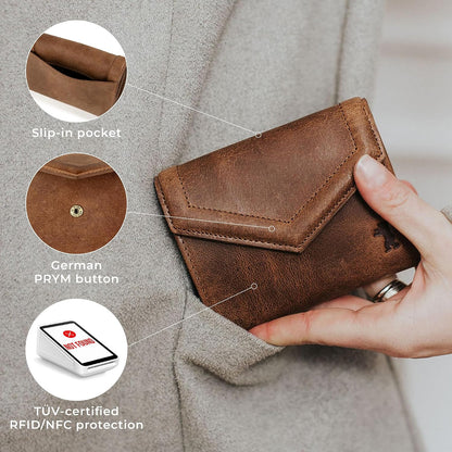 HOTBERLINER BAGS Genuine Leather Small Wallet Women Katy, Gift Box – Brown | Soft Leather Trifold Wallet, Fits Purses & Crossbody Bags, 8 Card Slots, 1 ID Window, Removable Coin Pouch, RFID Blocking