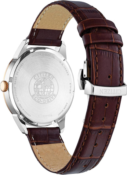 HOTCitizen Men's Eco-Drive Dress Classic Rolan, Brown Leather Strap, Navy Dial, 3 Hand, Day/Date (Model: AW0096-06L)