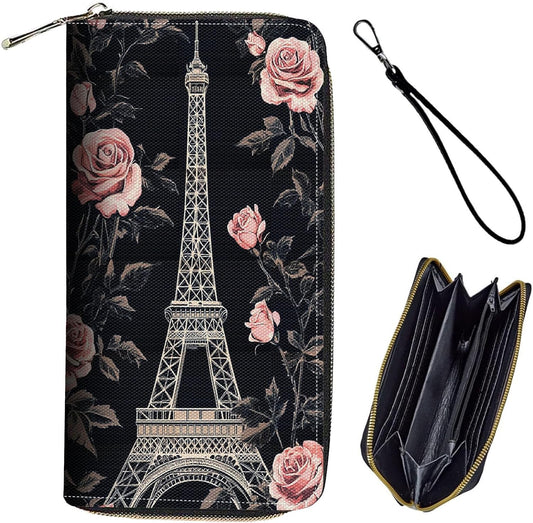 HOTBxgolkgd Womens Wallet, RFID Blocking Leather Wallet,Large Capacity Wallet Credit Card Holder PU Leather Ladies Clutch with Zipper Coin Pocket - Paris Eiffel Tower Rose