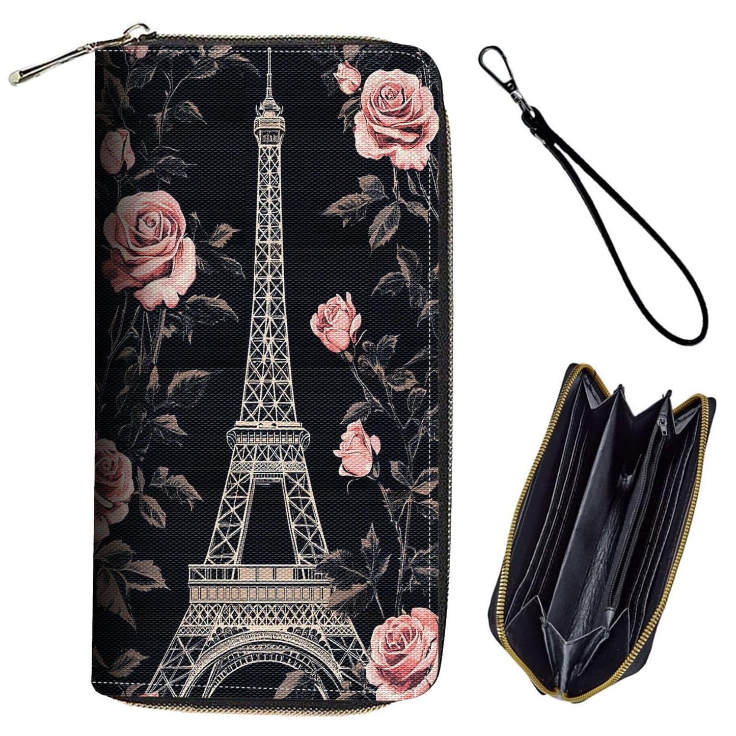 HOTBxgolkgd Womens Wallet, RFID Blocking Leather Wallet,Large Capacity Wallet Credit Card Holder PU Leather Ladies Clutch with Zipper Coin Pocket - Paris Eiffel Tower Rose