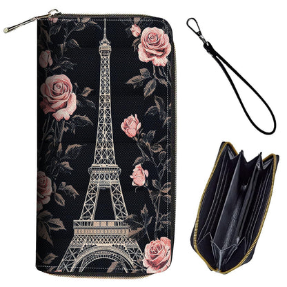 HOTBxgolkgd Womens Wallet, RFID Blocking Leather Wallet,Large Capacity Wallet Credit Card Holder PU Leather Ladies Clutch with Zipper Coin Pocket - Paris Eiffel Tower Rose