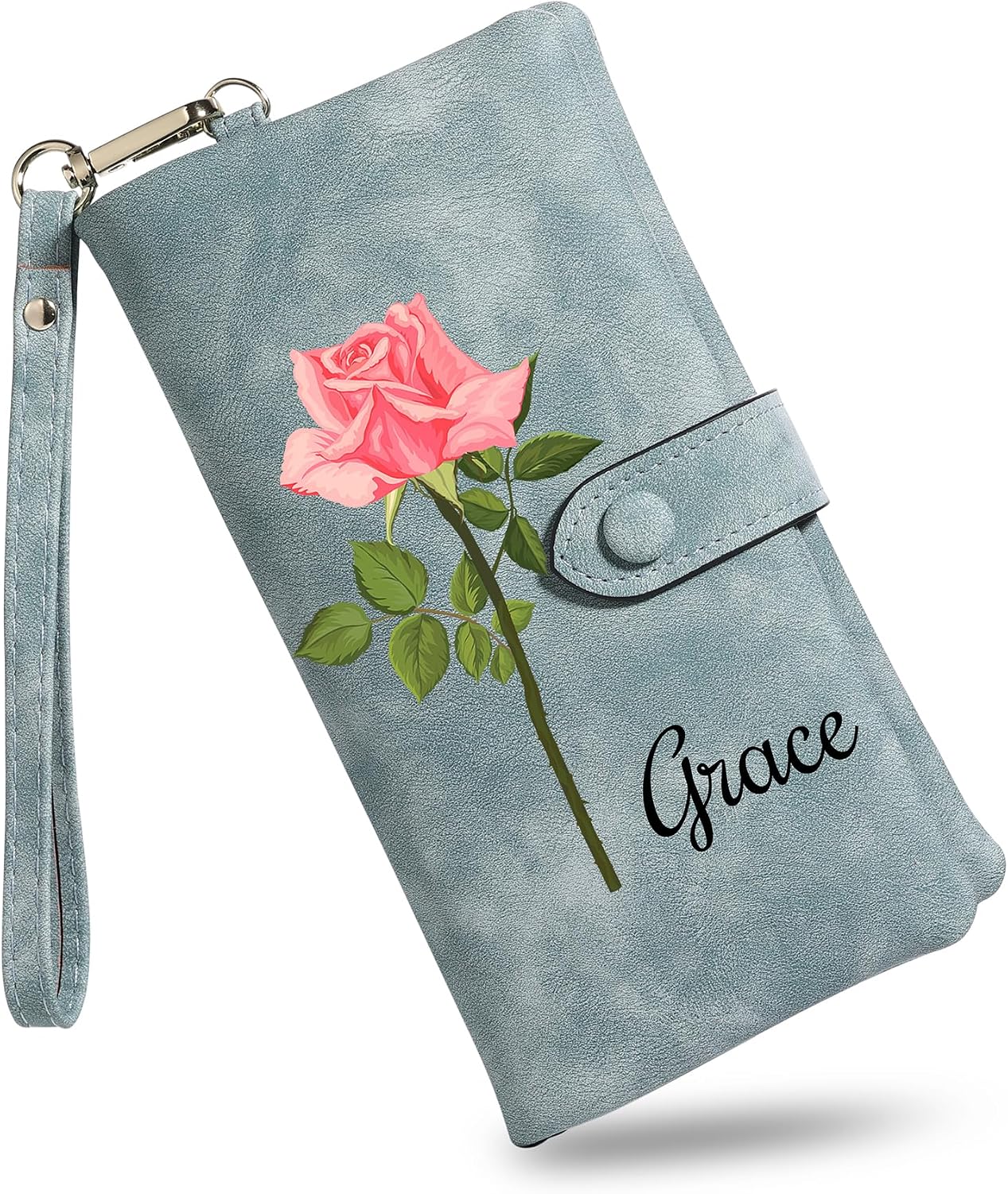 HOTMMXX Personalized Floral Wallet for Women PU Leather Wallet Wristlet with Birth Flower and Name Large Capacity Floral Purse Birthday Gifts for Mom Wife Girlfriend (A1)