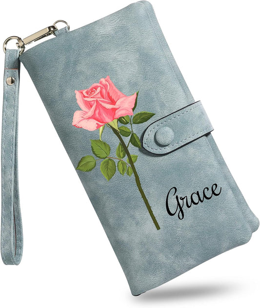HOTMMXX Personalized Floral Wallet for Women PU Leather Wallet Wristlet with Birth Flower and Name Large Capacity Floral Purse Birthday Gifts for Mom Wife Girlfriend (A1)