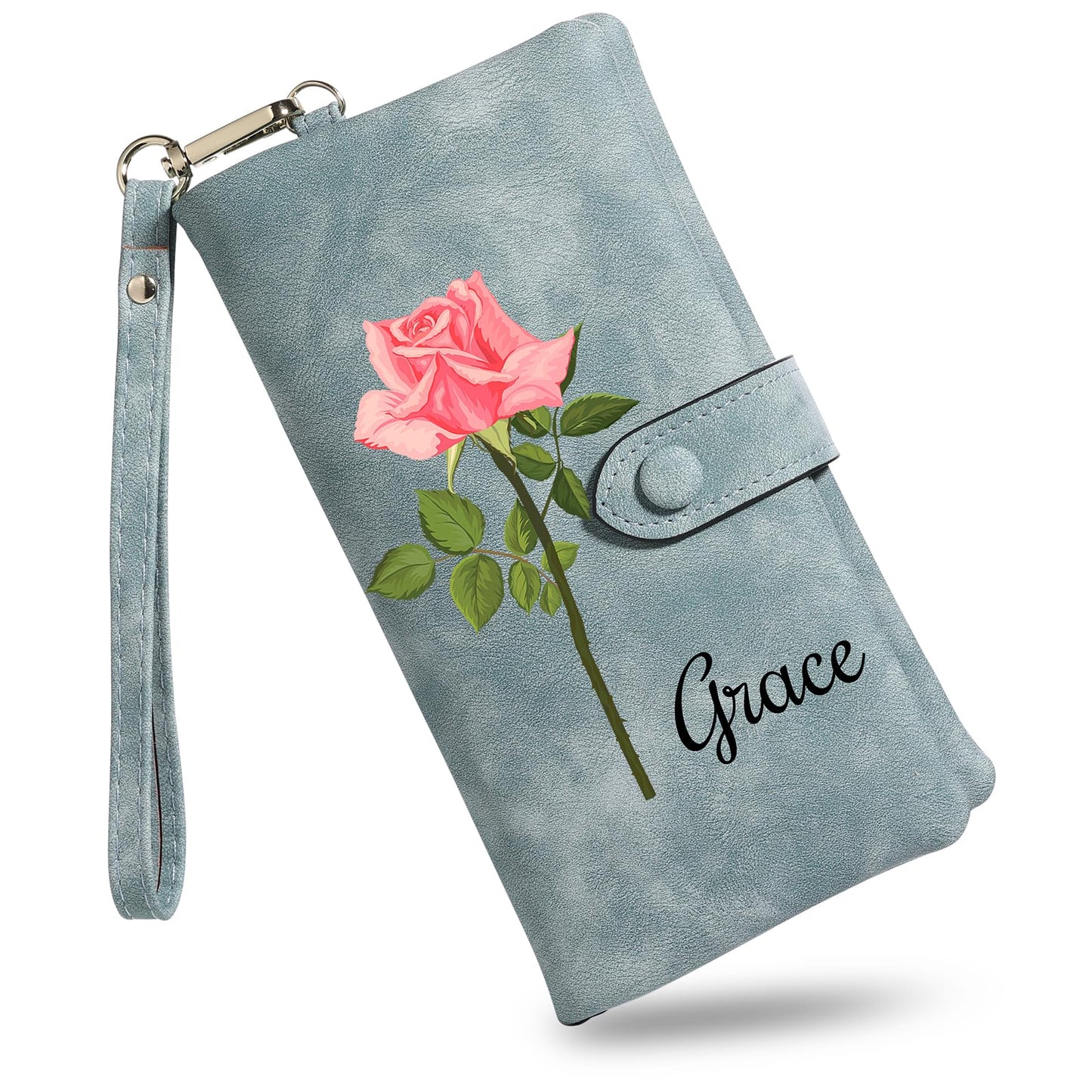 HOTMMXX Personalized Floral Wallet for Women PU Leather Wallet Wristlet with Birth Flower and Name Large Capacity Floral Purse Birthday Gifts for Mom Wife Girlfriend (A1)