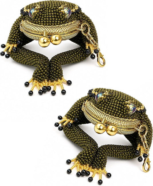 HOTFrog Coin Purse, Beaded Kiss Lock Keychain Pouch with Lucky Toad Design (2 PCS)
