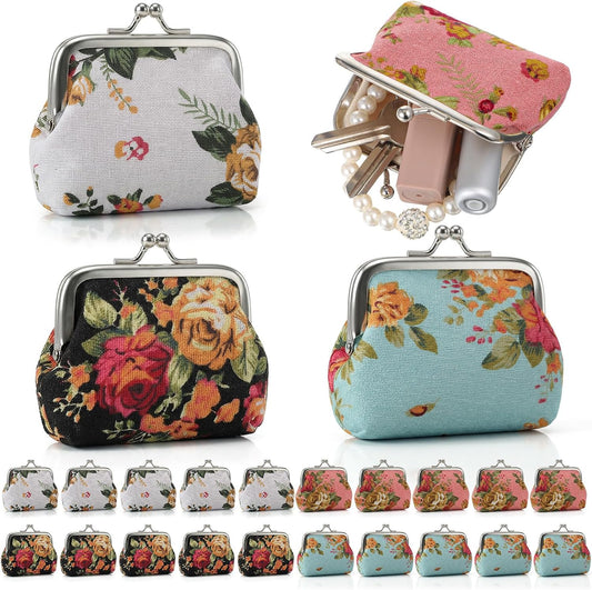 HOT24 Pcs Floral Canvas Coin Purse Vintage Kiss Lock Change Purse for Women Small Cute Wallets with Clasp Mini Coin Pouch for Daily Essentials, 4 Colors