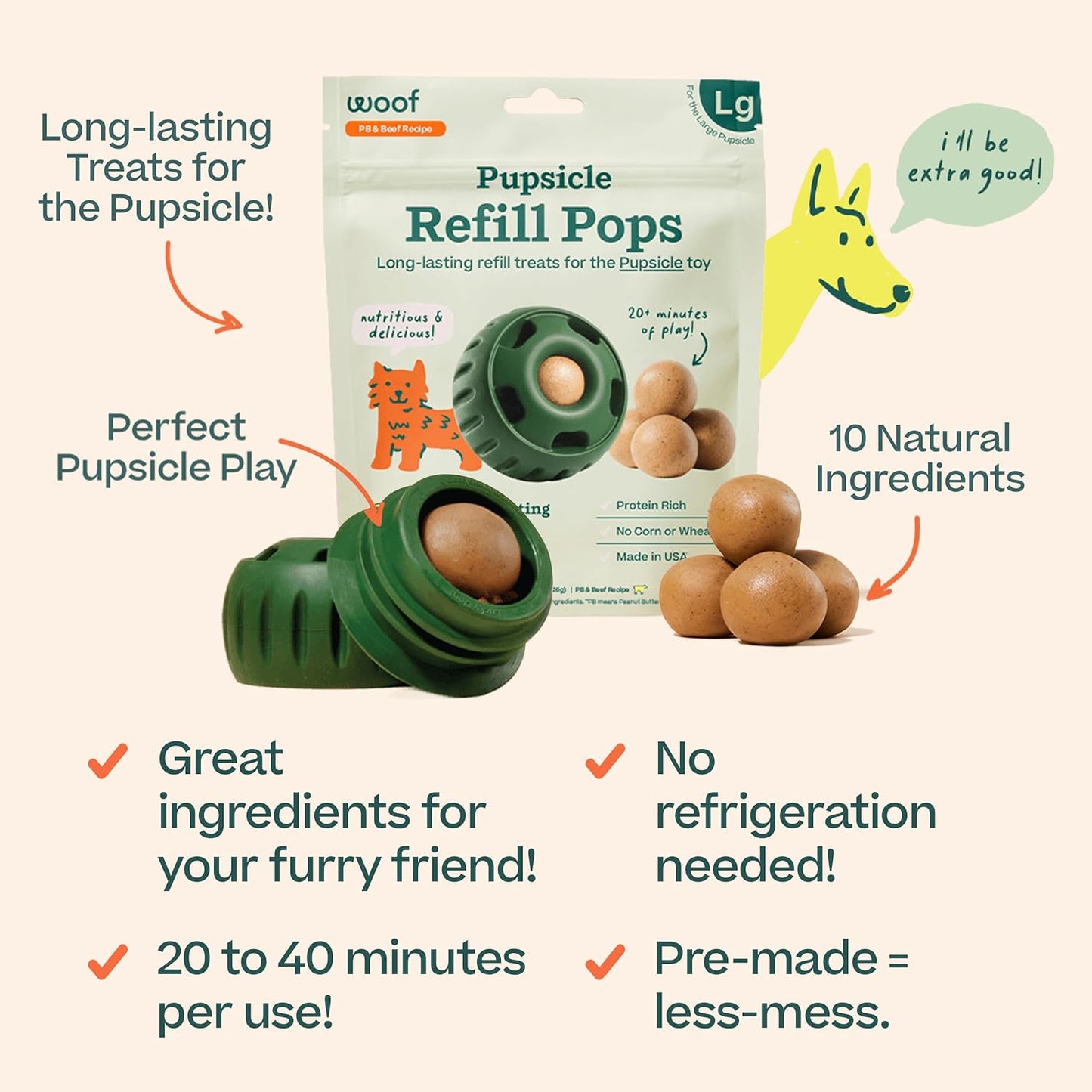 HOTWOOF Pupsicle Refill Pops - Low-Mess Dog Snacks - with Peanut Butter and Beef - Dog Treats - Long Lasting - Large Pops - 7 Count