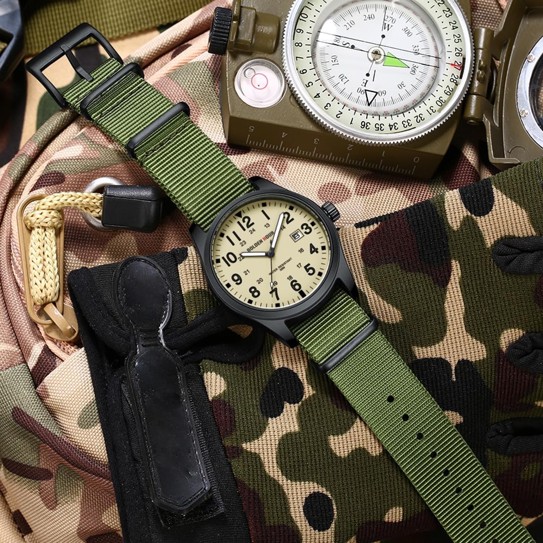 HOTGOLDEN HOUR Men's Nylon Slip-Thru Strap Watch with Military Time Easy Read Dial Glowing Hands