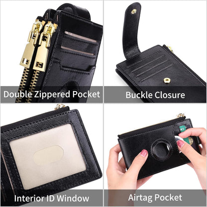 HOTFALAN MULE Air-tag Womens Wallet Genuine Leahter Bifold Credit Card Holder with Built-in Integrated Case