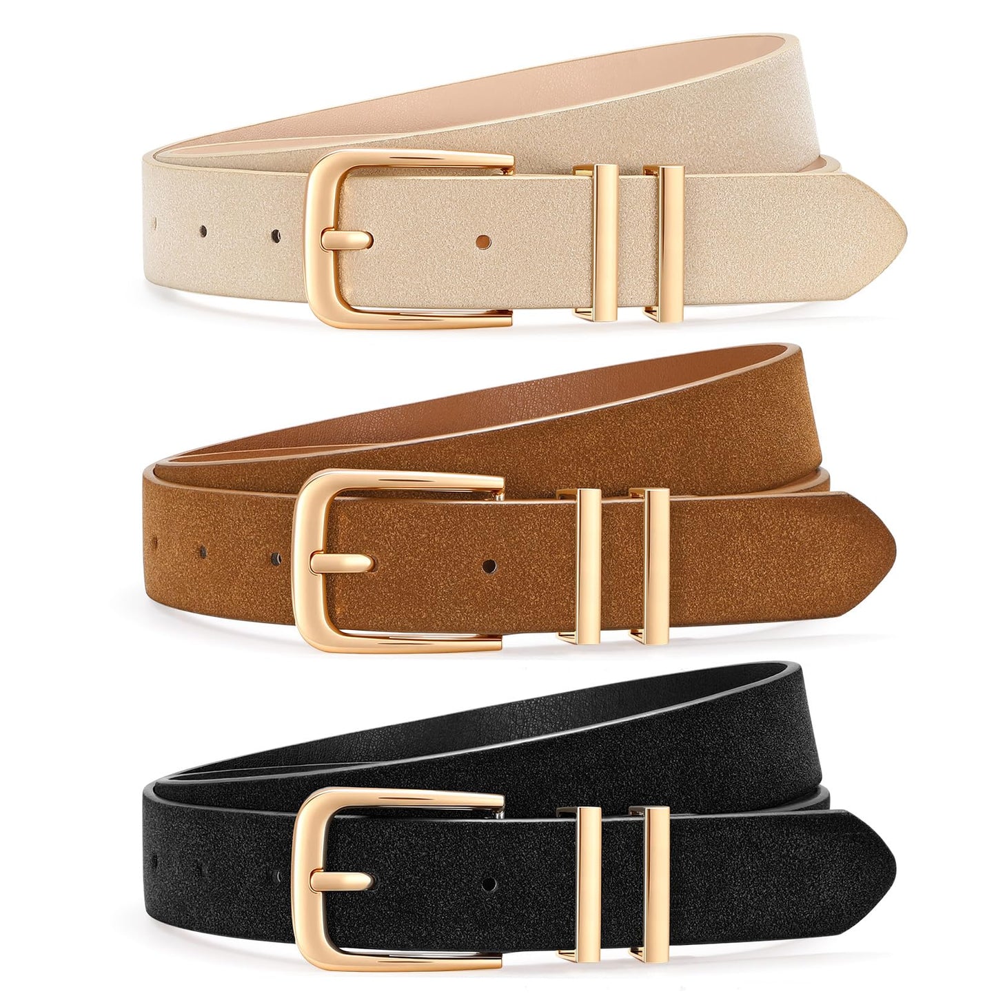 HOTLEACOOLKEY 3 Pack Women's Leather Belts for Jeans Dress Pants Fashion Ladies Leather Belts with Gold Buckle