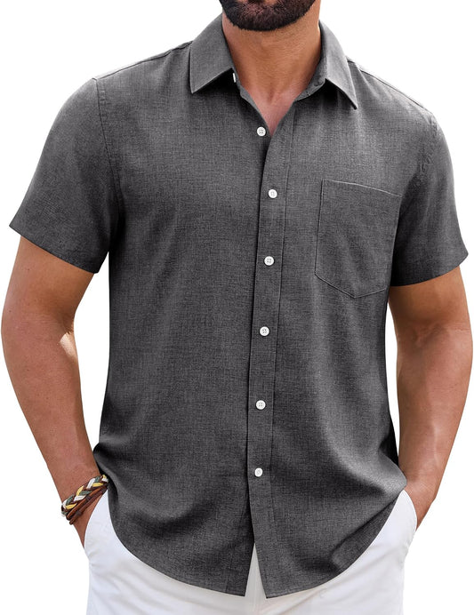 HOTMens Linen Shirt Short Sleeve Wrinkle Free Casual Untucked Button Down Shirts Beach Breathable Tops Summer