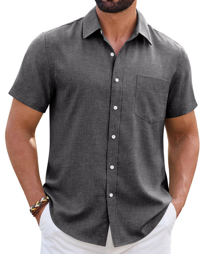 HOTMens Linen Shirt Short Sleeve Wrinkle Free Casual Untucked Button Down Shirts Beach Breathable Tops Summer