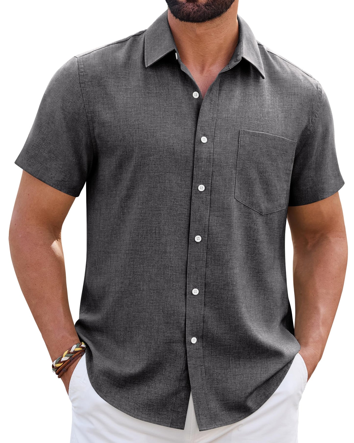 HOTMens Linen Shirt Short Sleeve Wrinkle Free Casual Untucked Button Down Shirts Beach Breathable Tops Summer