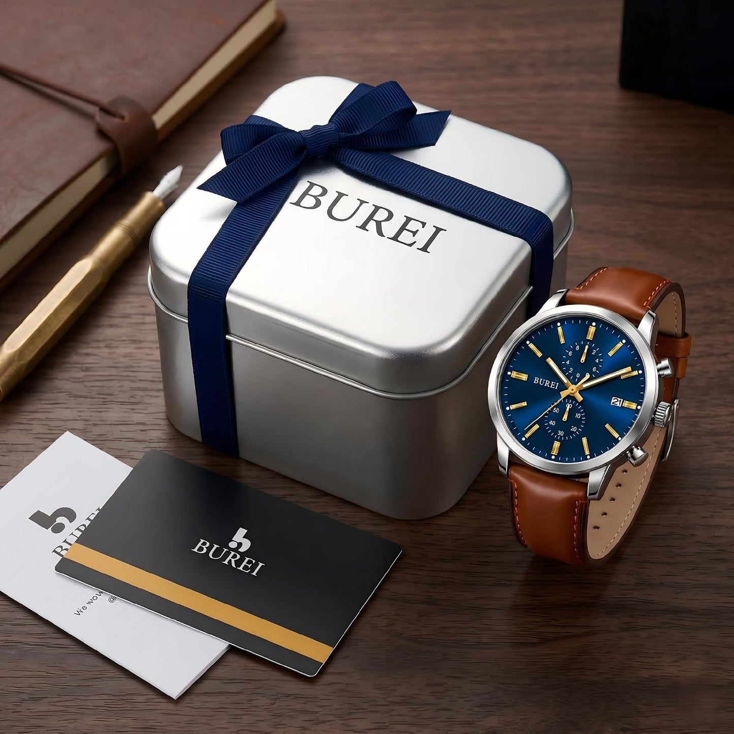 HOTBUREI Men's Leather Watches Chronograph Quartz Watches for Men Classic Cool Lightweight Wristwatch,Gift for Dad Husband Boyfriend