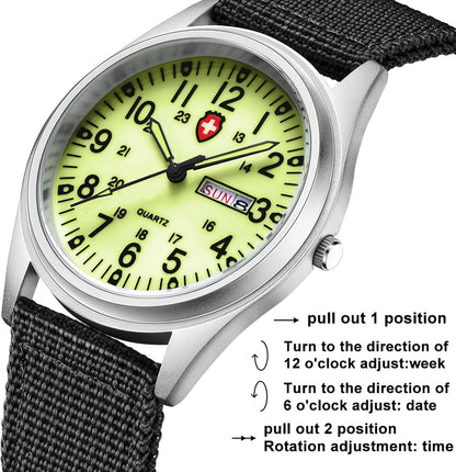 HOTGosasa Unisex Military Analog Field Watch with Nylon Strap, Luminous Easy Read Dial, Sport Tactical Casual Quartz Wristwatch, Daily Water Resistant