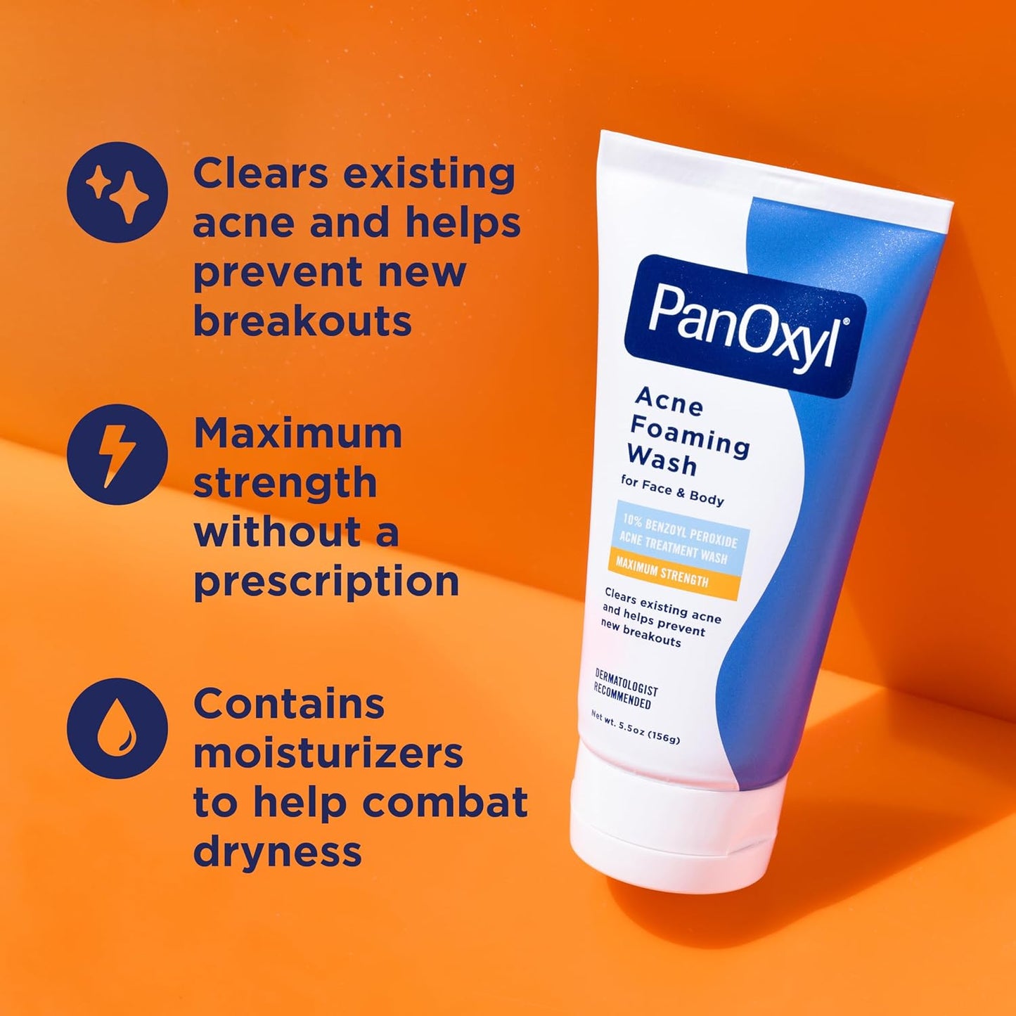 HOTPanOxyl 10% Benzoyl Peroxide Acne Foaming Wash, Maximum Strength, Daily Acne-Fighting Face and Body Cleanser, Face Wash to Clear, Treat and Prevent Acne Pimples and Stubborn Breakouts, 5.5 Oz Tube