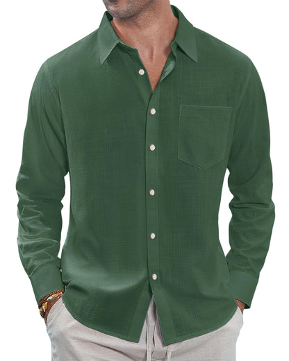 HOTJ.VER Men's Linen Shirts Casual Button Down Long Sleeve Shirt Solid Spread Collar Summer Beach Shirts with Pocket
