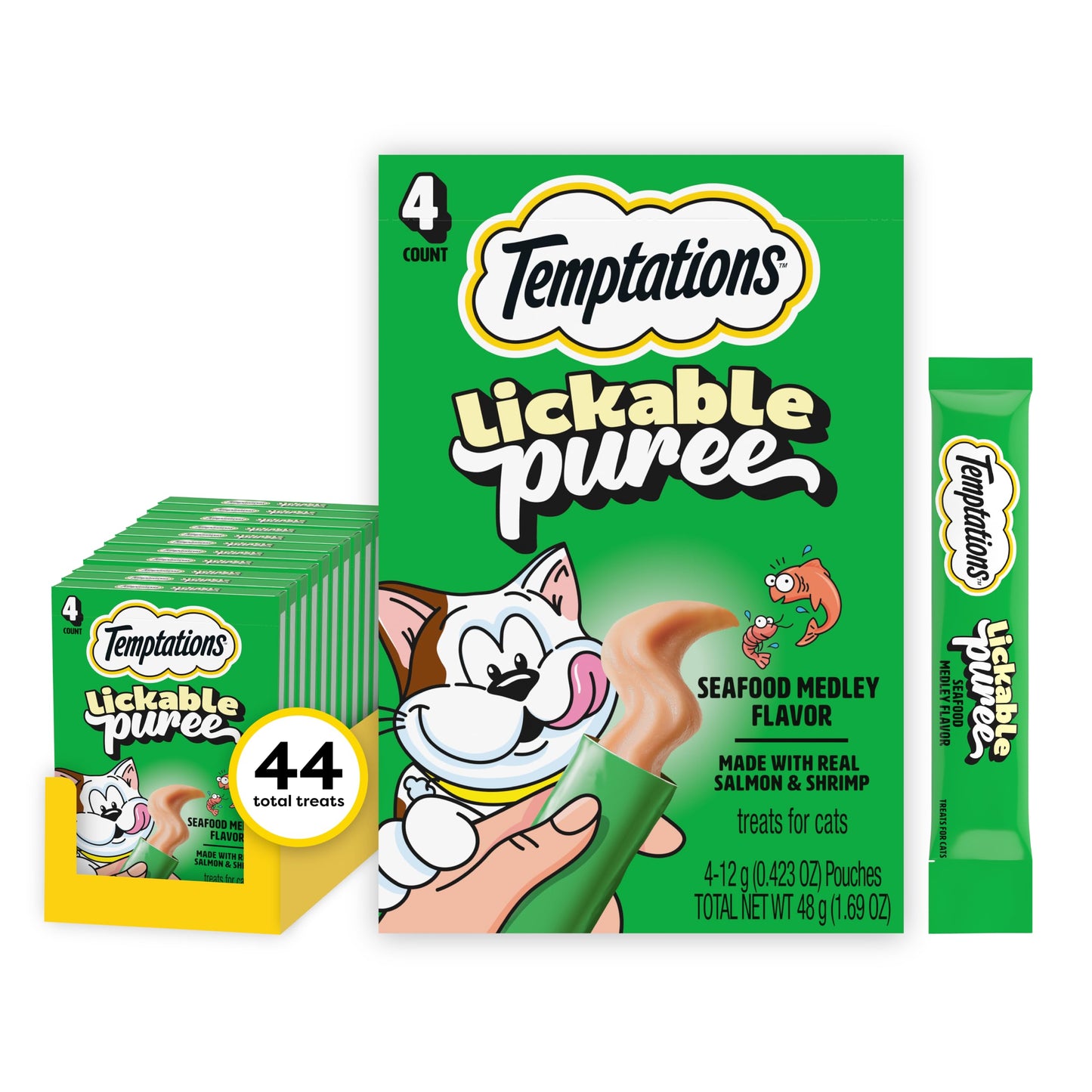HOTTemptations Creamy Puree Cat Treats, Beef, Chicken, Salmon & Tuna, 48 Count | Beef, Salmon, Chicken & Tuna, under 15 cal/tube, no added sugar or fillers, senior-friendly, meal topper or hand-feed