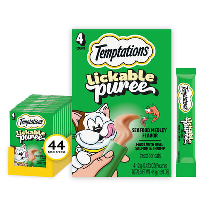 HOTTemptations Creamy Puree Cat Treats, Beef, Chicken, Salmon & Tuna, 48 Count | Beef, Salmon, Chicken & Tuna, under 15 cal/tube, no added sugar or fillers, senior-friendly, meal topper or hand-feed