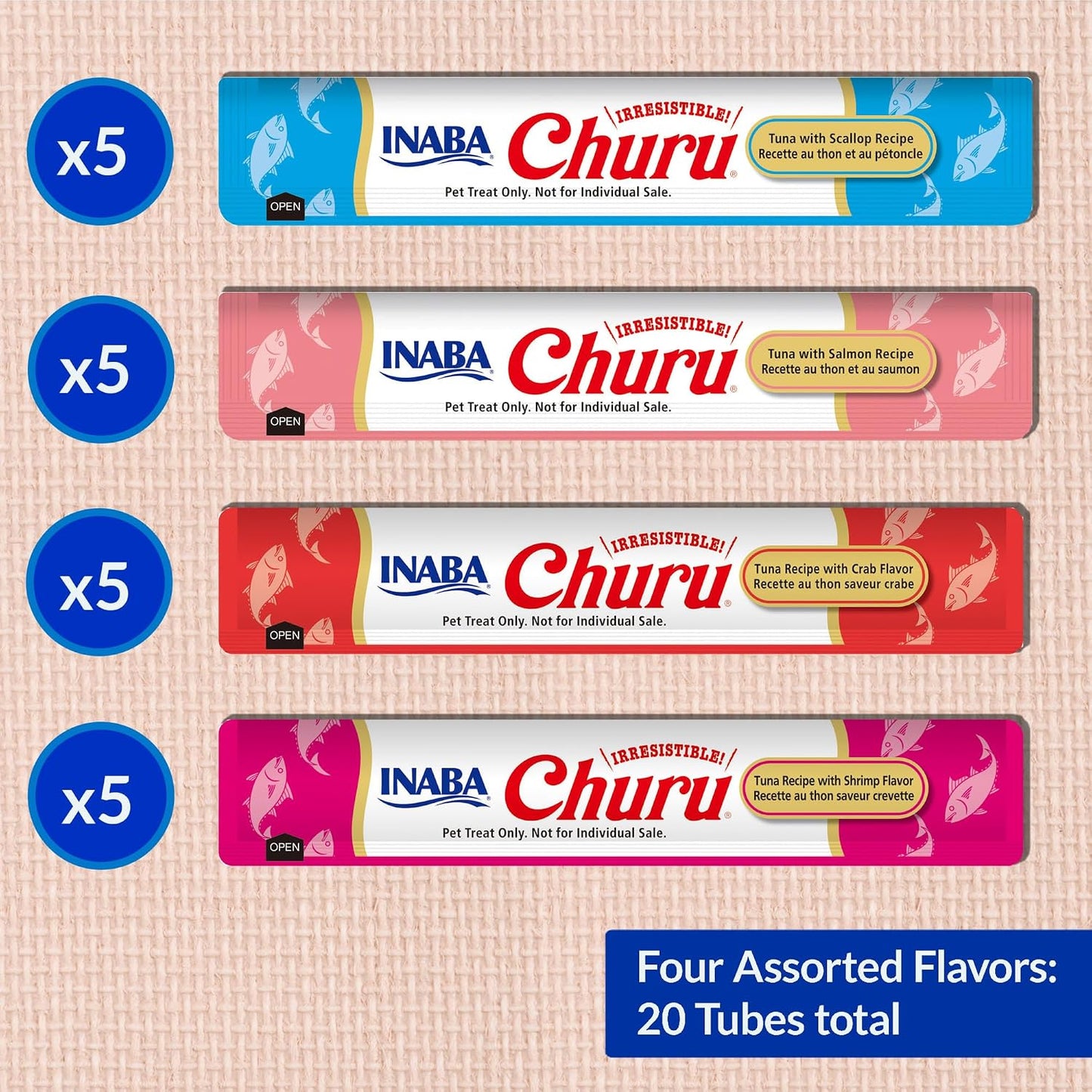 HOTINABA Churu Cat Treats, Lickable, Squeezable Creamy Purée Cat Treat with Green Tea Extract & Taurine, 0.5 Ounces Each Tube, 20 Tubes, Tuna & Seafood Variety Box