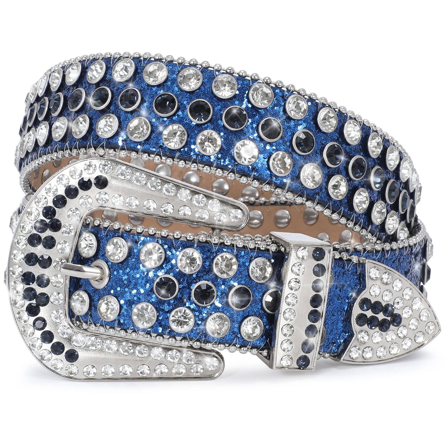 HOTXZQTIVE Cowgirl Bling Studded Leather Belts for Jeans Pants with Rhinestone and Western Silver Buckle, Unisex