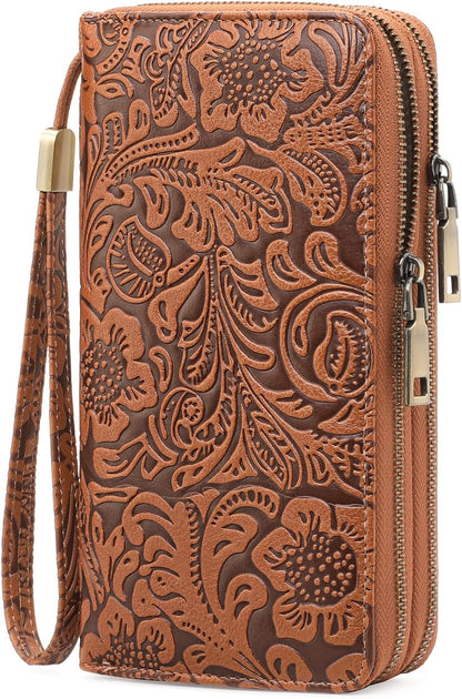HOTGOIACII Women's Wallet Wristlet Ladies Phone Purse RFID Blocking Large Card Holder Double Zip Grip Strap Vegan Leather