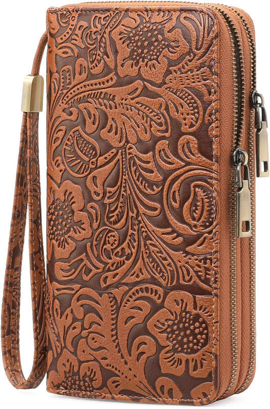 HOTGOIACII Women's Wallet Wristlet Ladies Phone Purse RFID Blocking Large Card Holder Double Zip Grip Strap Vegan Leather