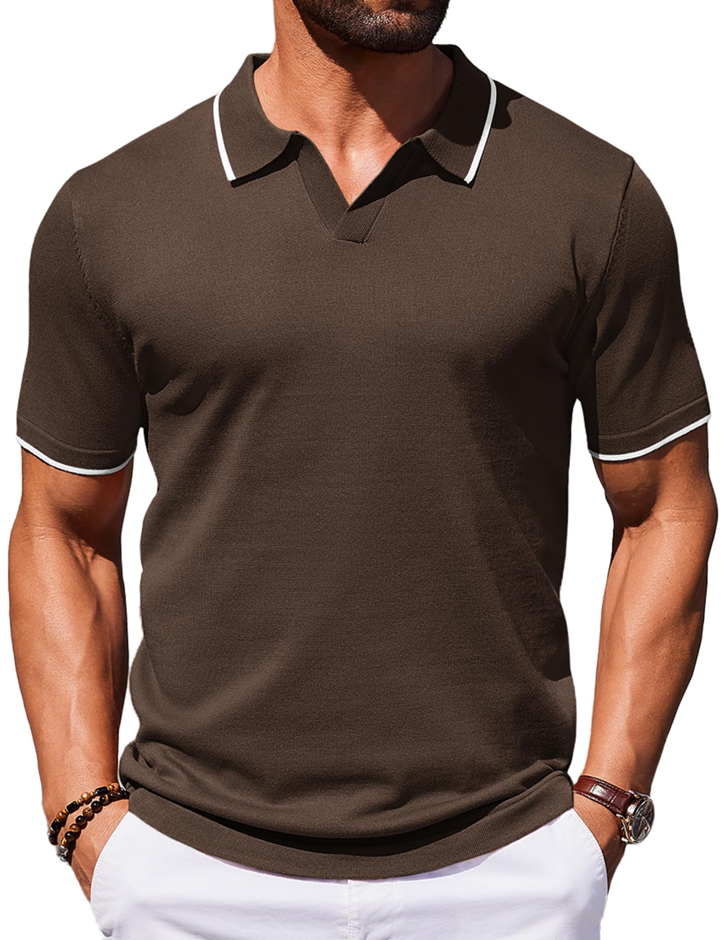 HOTCOOFANDY Mens Polo Shirts Short Sleeve Casual Knit Polo Shirt Vintage Golf T Shirts Old Money Tops