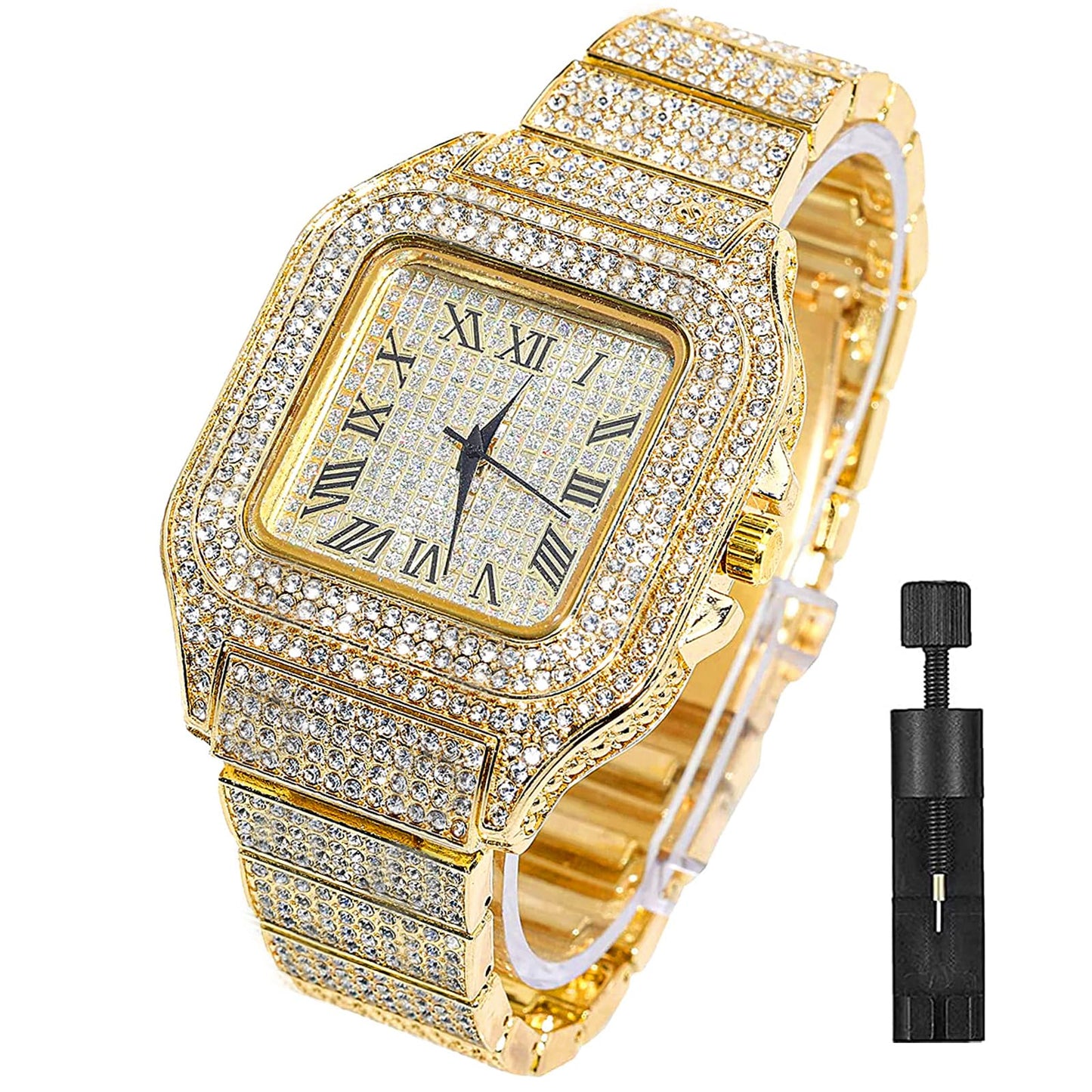 HOTApzzic Diamond Iced Out Watch CZ Gold Plated 40mm Width Roman Numerals Dial Quartz Wristband Watch for Men Women