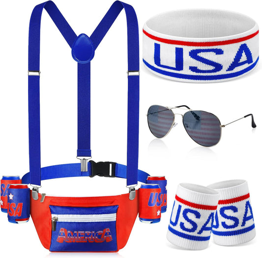HOTSweetude 4th of July Fanny Pack America Flag Patriotic Outfit Set 250 Years Beverage Beer Belt Costume Set Accessories with USA Drink Holder Sunglasses Striped Sweatband