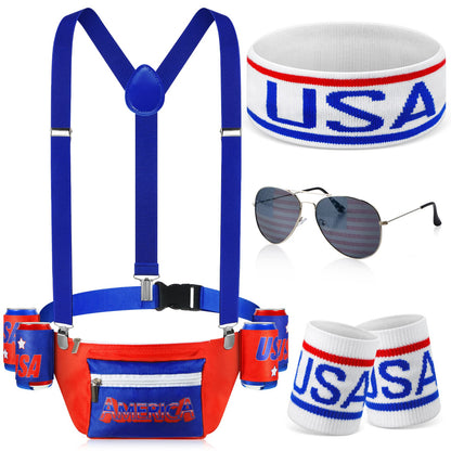 HOTSweetude 4th of July Fanny Pack America Flag Patriotic Outfit Set 250 Years Beverage Beer Belt Costume Set Accessories with USA Drink Holder Sunglasses Striped Sweatband