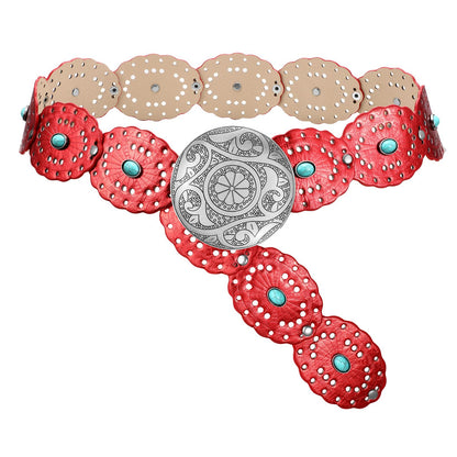 HOTSUOSDEY Wide Western Disc Belt with Turquoise Women Cowgirl Cowboy Boho Country Leather Belts for Jeans Dress, Width 2.36"
