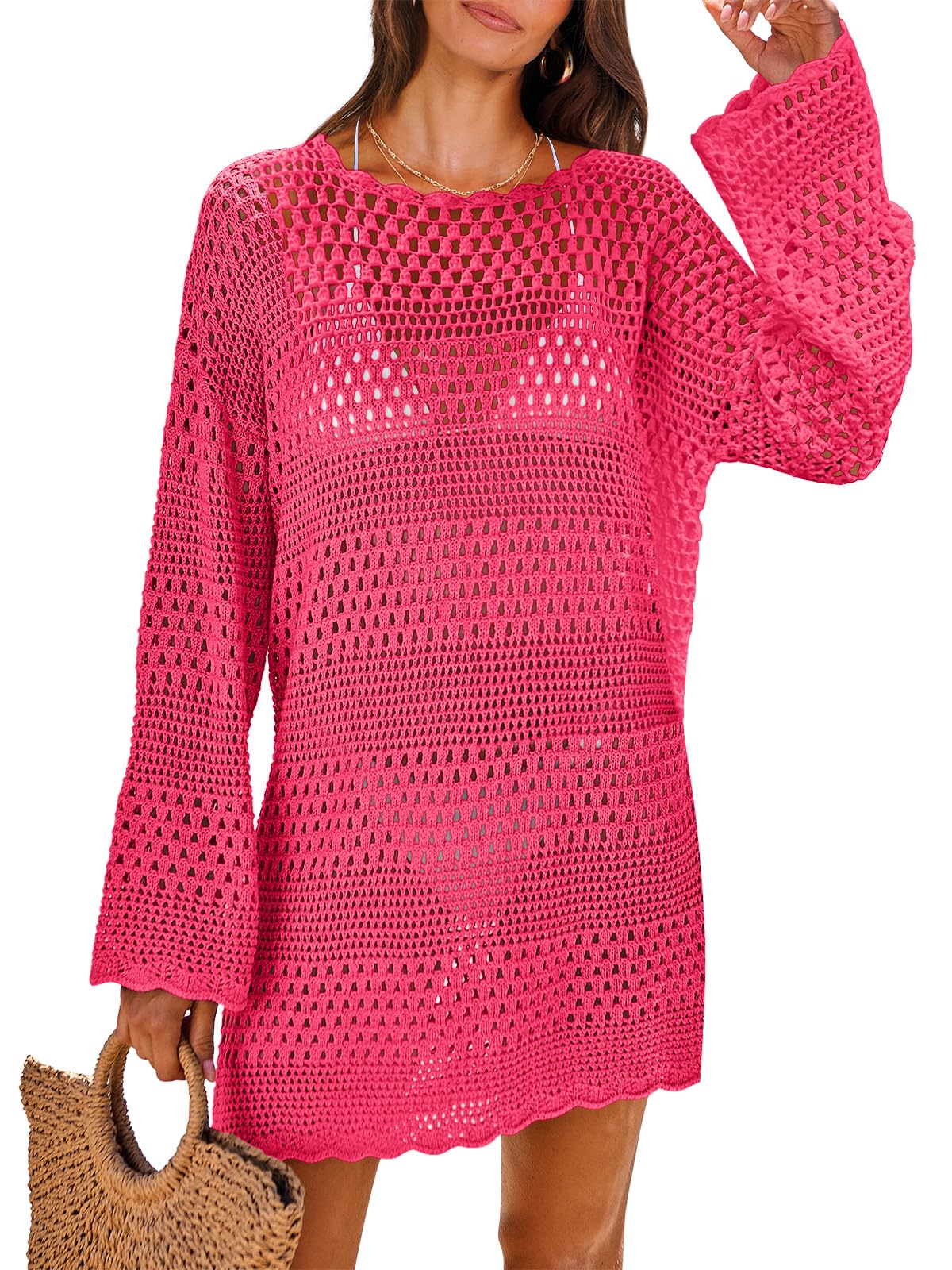 HOTANRABESS Women Swimsuit Crochet Swim Cover Up 2026 Summer Bathing Suit Swimwear Mesh Knit Beach Dress Vacation Outfits