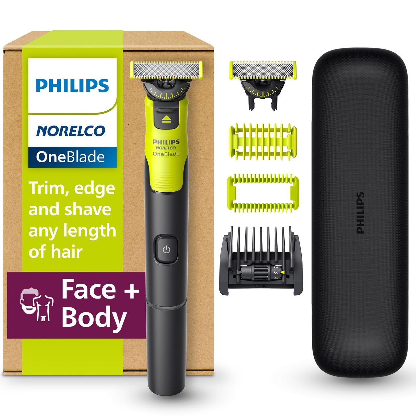 HOTPhilips Norelco for Face + Body, Electric Beard Trimmer, Shaver and Groomer, 5in1 Adjustable Comb, 1x Body Kit, Model QP2834/70, Black/Lime Green