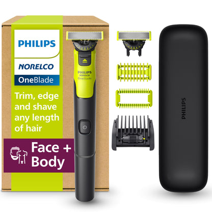 HOTPhilips Norelco for Face + Body, Electric Beard Trimmer, Shaver and Groomer, 5in1 Adjustable Comb, 1x Body Kit, Model QP2834/70, Black/Lime Green
