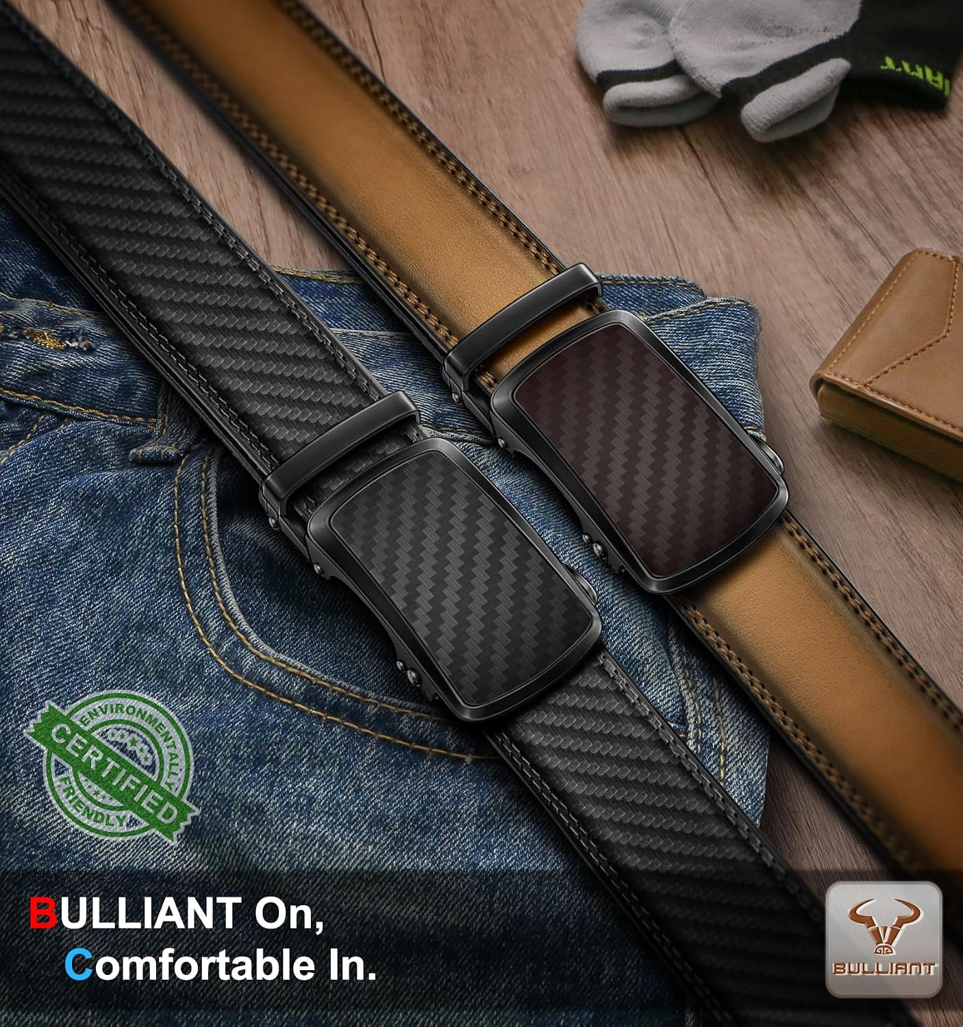 HOTBULLIANT Men's Ratchet Leather Belt Trimmable 2Pack 1 3/8"-Gift Boxed | Smooth Sliding | Precise Fit | Tailored Size | Holeless for Dress or Casual