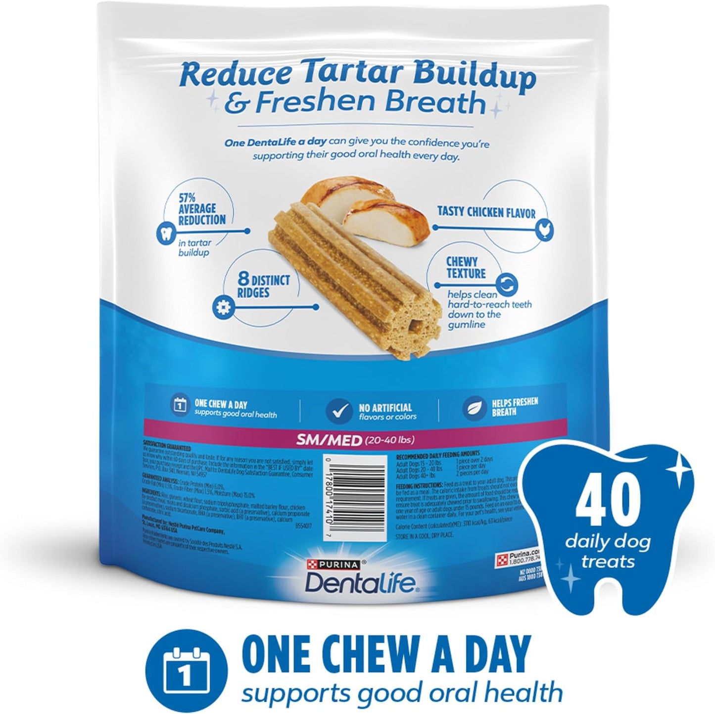 HOTDentaLife Daily Oral Care Dog Treats for Small and Medium Dogs, Chewy Dental Treat to Freshen Breath and Fight Tartar, Chicken Flavor - 40 ct. Pouch
