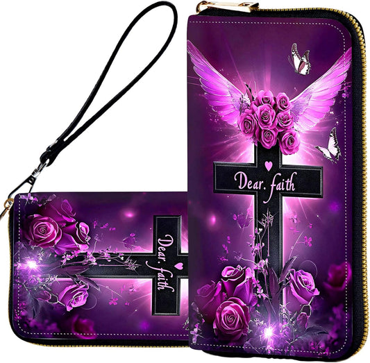 HOTWristlet Wallets for Women,Ladies Women's Wallet,Clutch Purses for Female Leather Large Capacity Credit Card Holder with Zipper Slim Cute Coin Pocket,RFID Blocking,Cross Purple Flower
