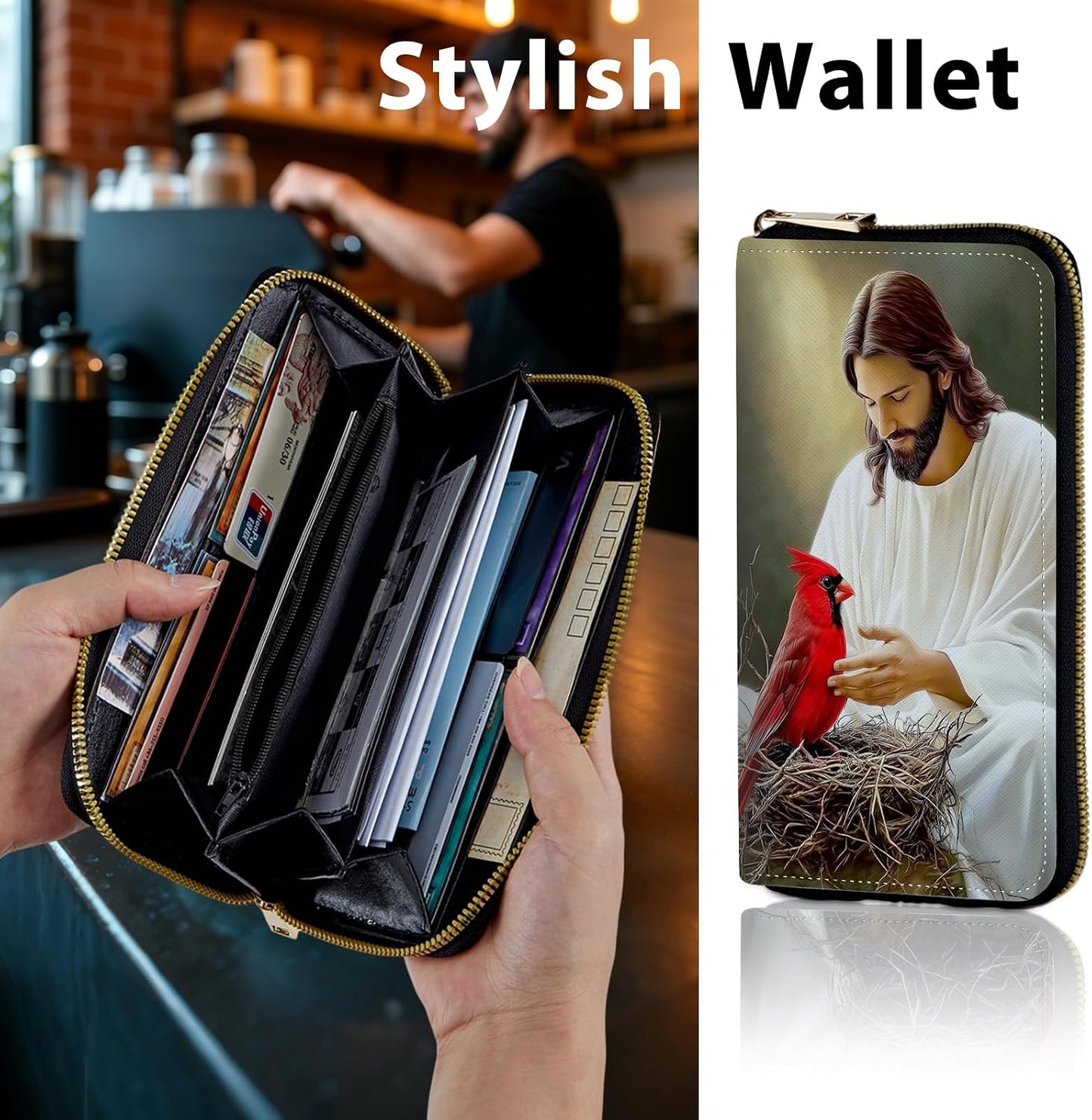 HOTRFID Wristlet Wallet for Women, Jesus Red Cardinal | Large Capacity PU Leather RFID Blocking Clutch with Detachable Wristlet, Secure Zip Around Credit Card Holder & Organizer