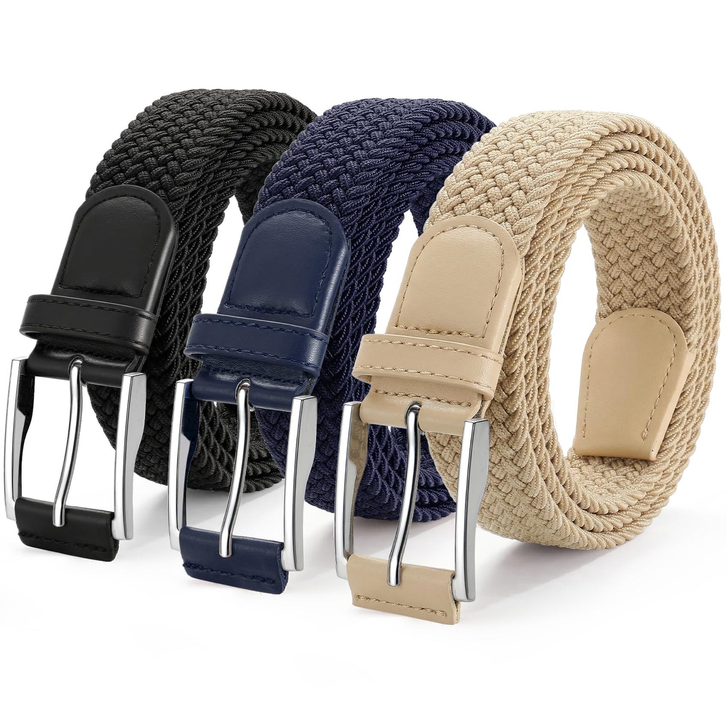 HOTJASGOOD Stretchy Golf Belts for Men, 3-Pack Elastic Braided Belt for Golf Pants Jeans, 1 3/8" Casual Woven Men’s Belt