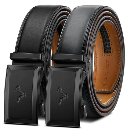 HOTBULLIANT Men Ratchet Belt 2 Pack, Click Sliding Leather Belt Adjustable for Gift Men Dress Casual Jeans 1 3/8,Cut for Fit